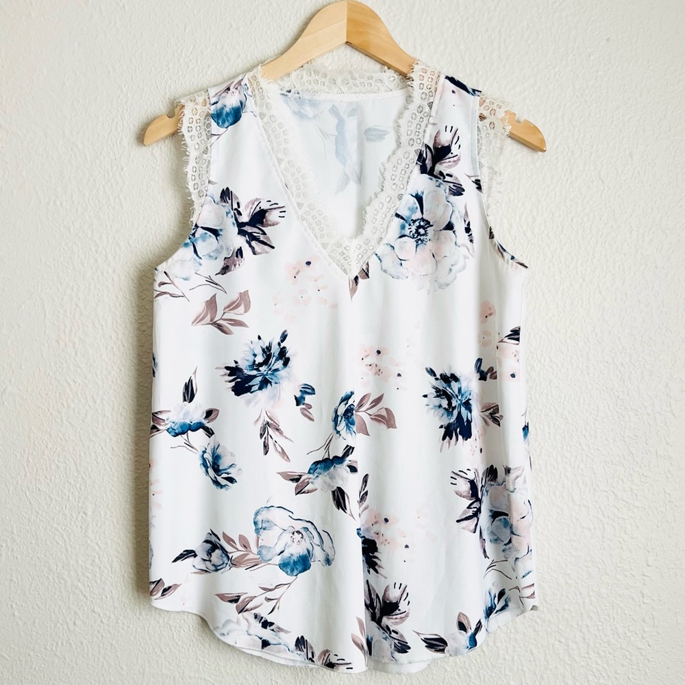 Lace Trim Floral Tank Top Women Small